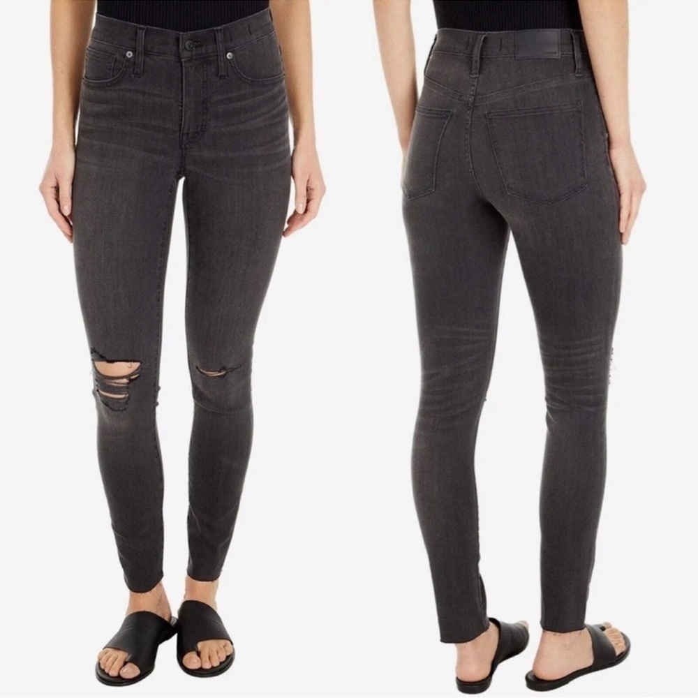 Madewell 9” High Rise Skinny Distressed Raw Hem Denim Jeans Washed Black Size 28